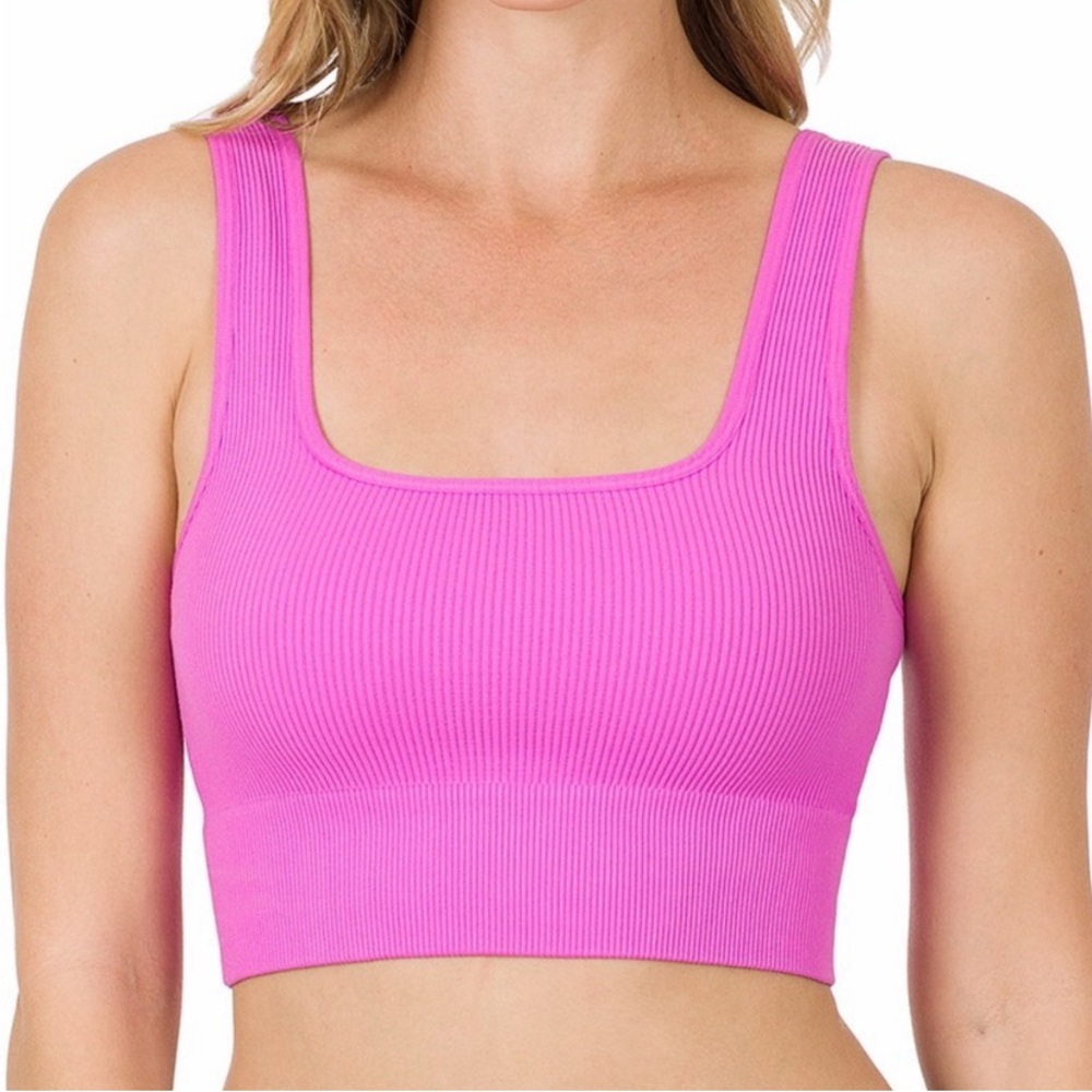 Zenana โข Pink Square Neck Ribbed Seamless Crop Tank. - Picture 7 of 8